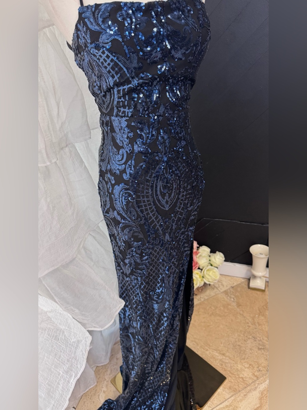 Windsor Navy Sequin Halter Gown with Thigh Slit - Picture 2 of 16
